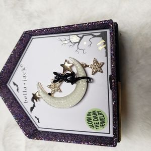 Bella Jack Gold Tone Glow Moon W/ Black Cat Crystal Brooch/Pin Halloween